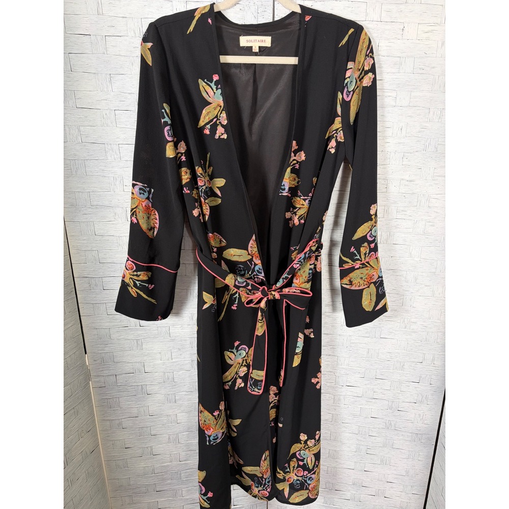 Solitaire Womens Robe Dressing Gown Black Floral Duster Long Sleeve Belted